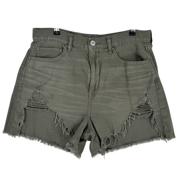 American Eagle Jean Shorts Womens Sz 12 Army Green Heavily Distressed Mom Denim - Picture 1 of 14